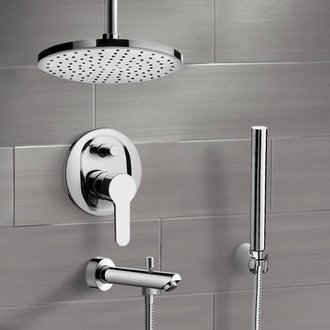 Tub and Shower Faucet Chrome Tub and Shower Faucet Set with Rain Ceiling Shower Head and Hand Shower Remer TSH38